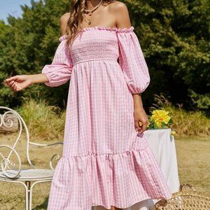 Gingham Off Shoulder Dress Pink